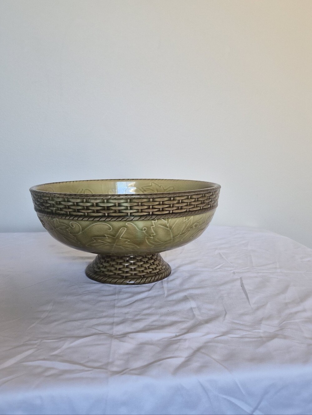 Decorative Ceramic Pedestal Bowl in Olive Green